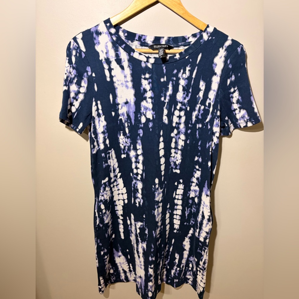 Ellen Tracy Womens Small Blue White Tie Dye T-Shirt Dress With Shirt Sleeves